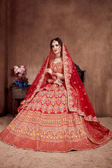 Carmine Red Mulberry Silk Zari Sequins Embroidery With Stone Work Lehenga Set