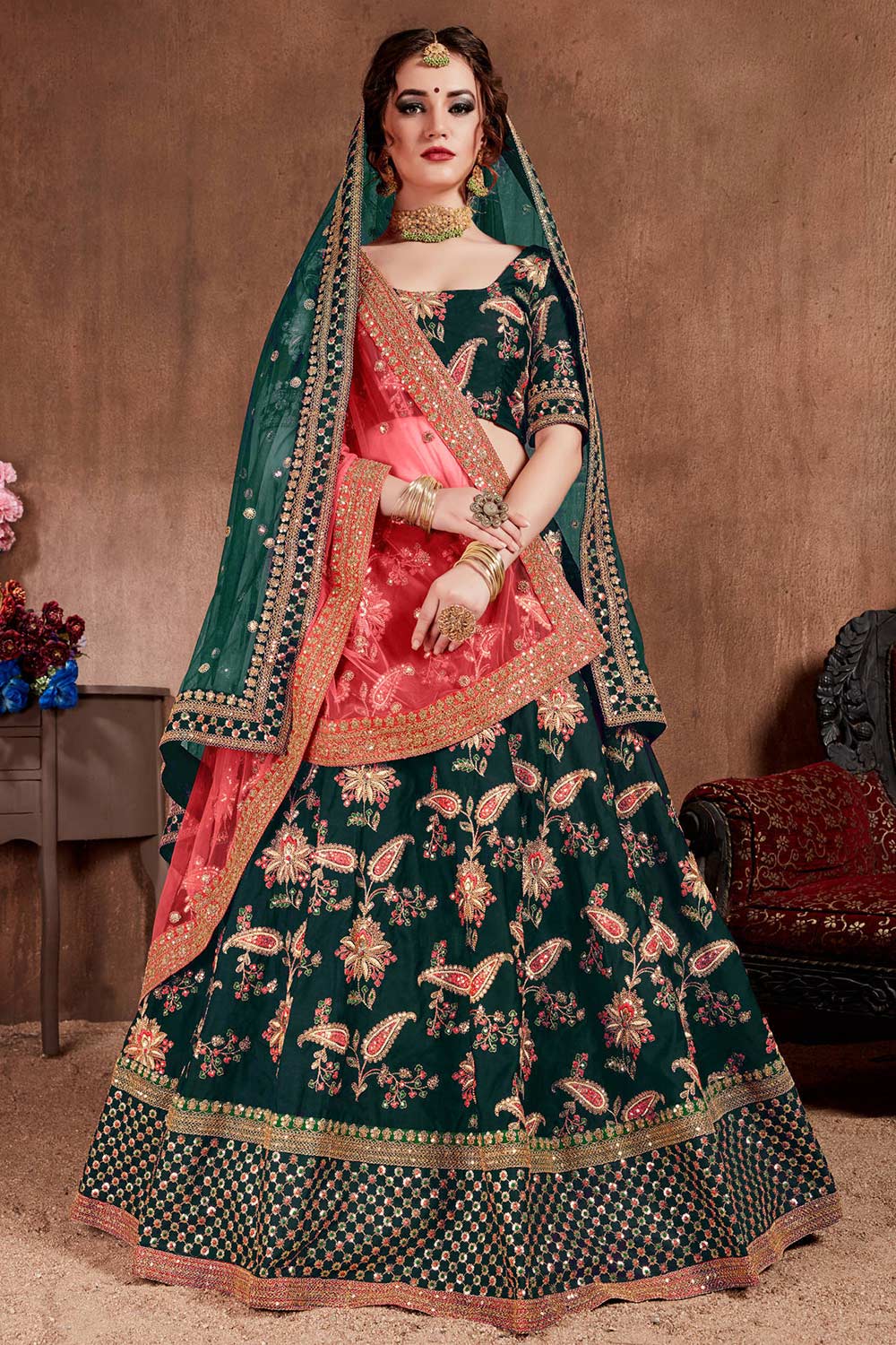 Dark Green Taffeta Silk Zari Sequins Embroidery Work Lehenga Set