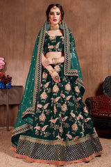 Dark Green Taffeta Silk Zari Sequins Embroidery Work Lehenga Set