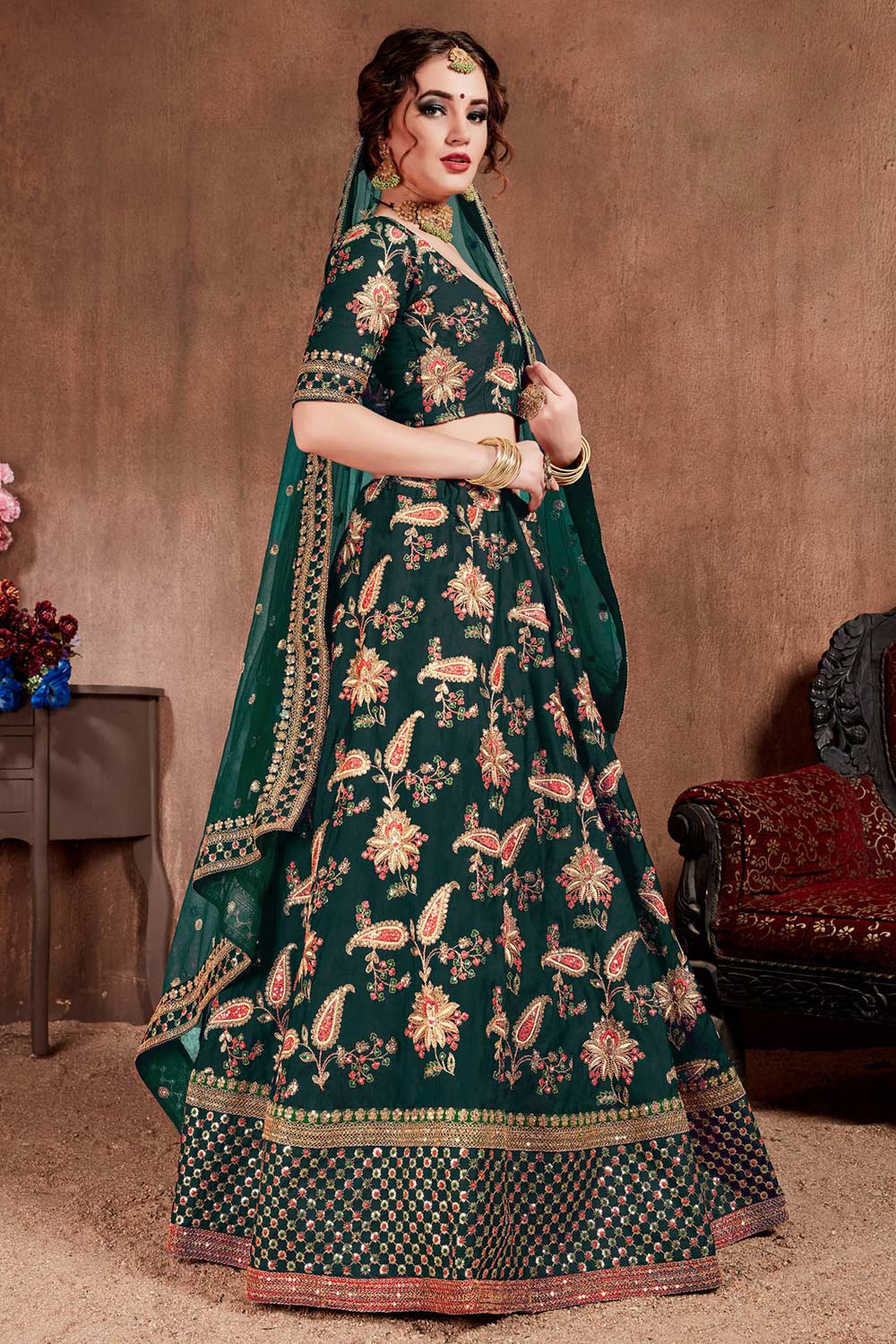 Dark Green Taffeta Silk Zari Sequins Embroidery Work Lehenga Set