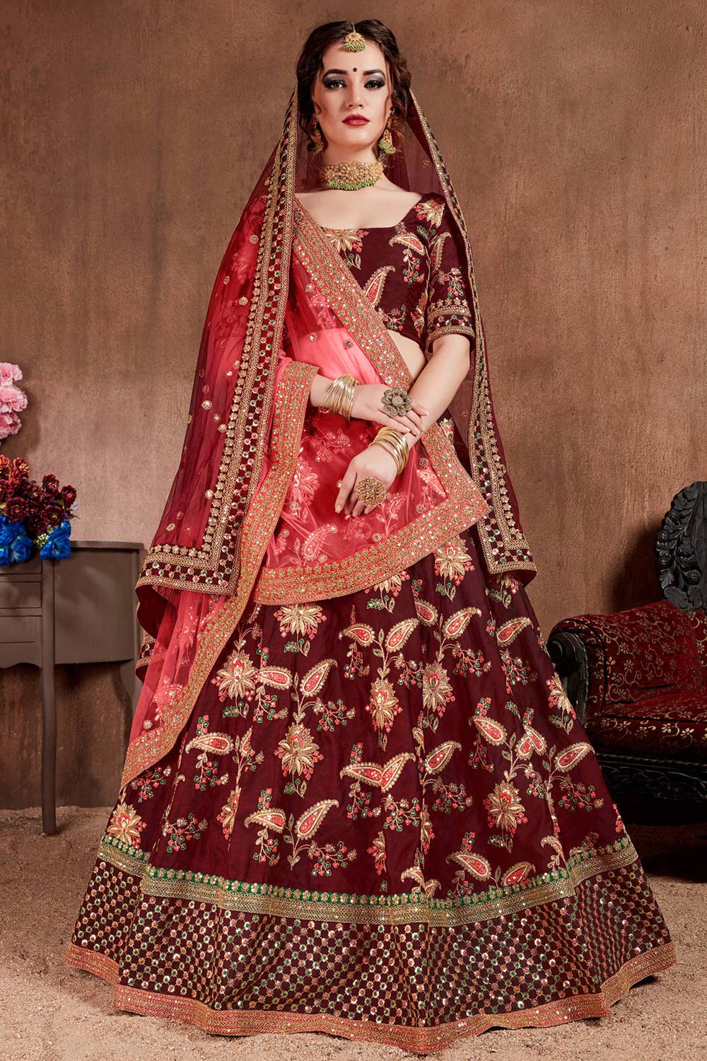 Dark Maroon Taffeta Silk Zari Sequins Embroidery Work Lehenga Set