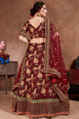 Dark Maroon Taffeta Silk Zari Sequins Embroidery Work Lehenga Set