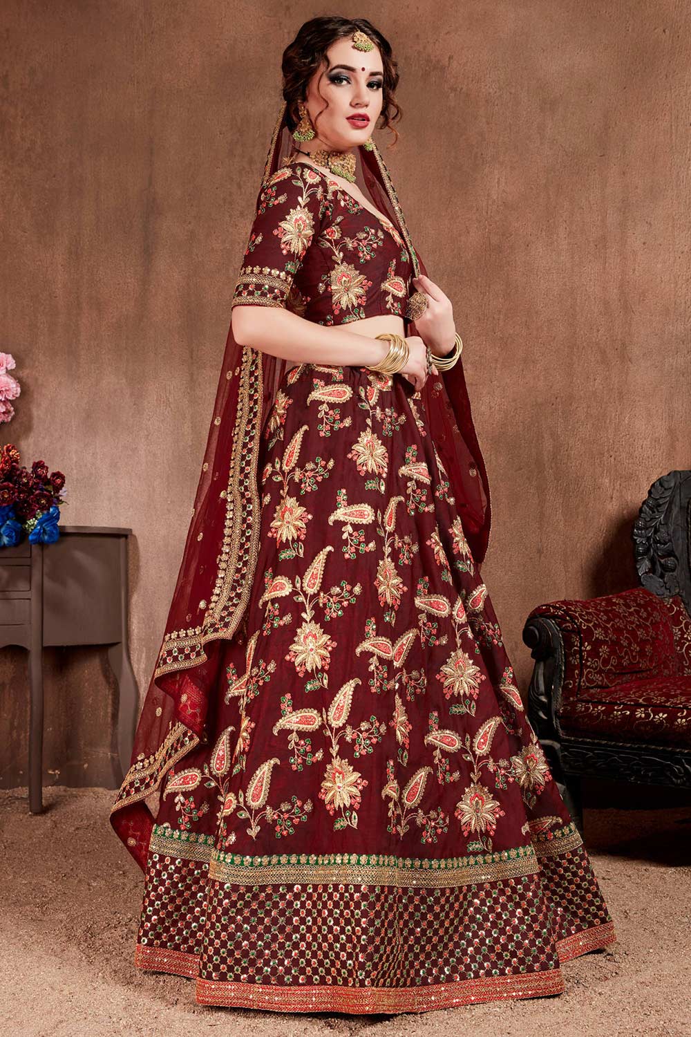 Dark Maroon Taffeta Silk Zari Sequins Embroidery Work Lehenga Set