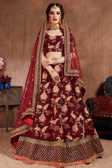 Dark Maroon Taffeta Silk Zari Sequins Embroidery Work Lehenga Set