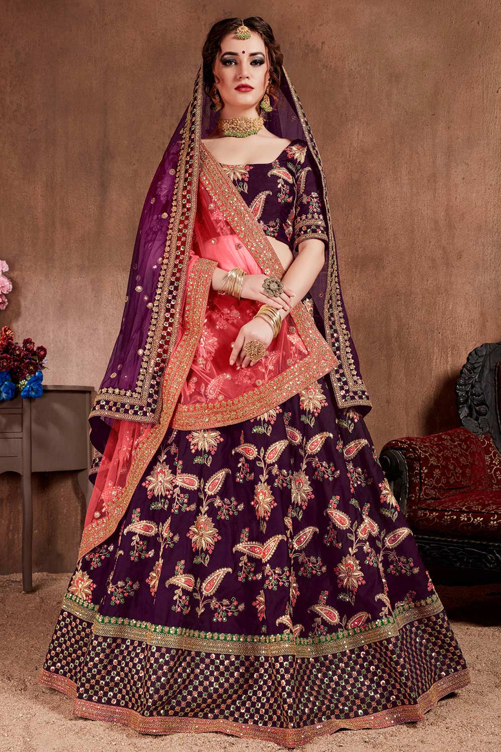 Dark Purple Taffeta Silk Zari Sequins Embroidery Work Lehenga Set