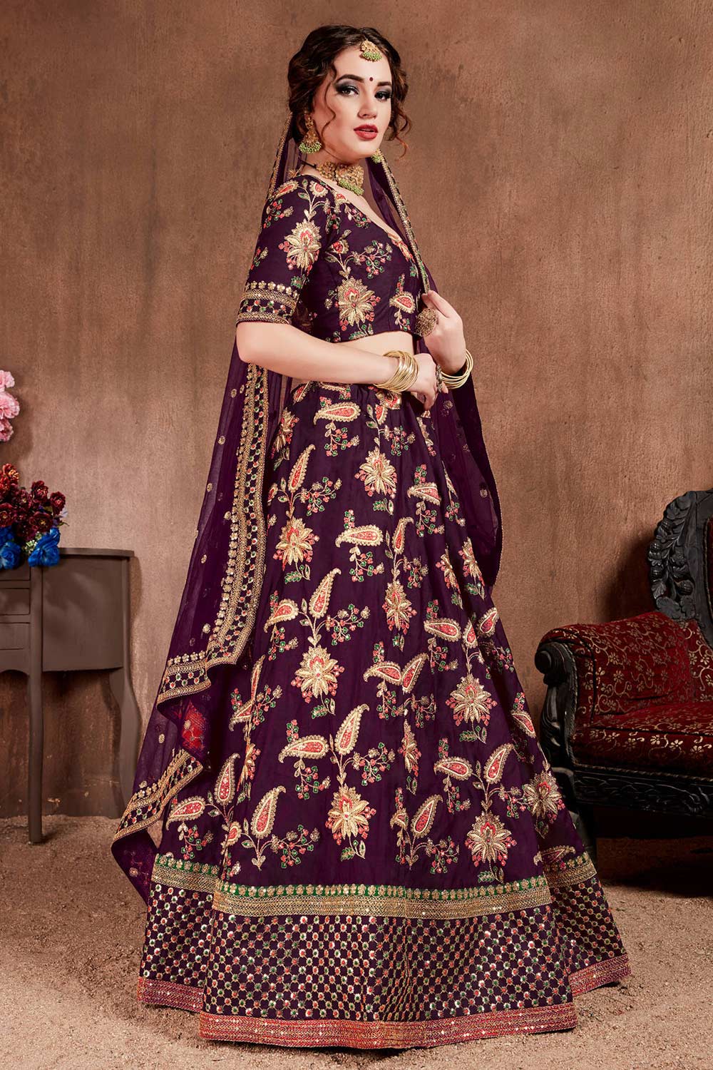 Dark Purple Taffeta Silk Zari Sequins Embroidery Work Lehenga Set