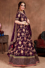 Dark Purple Taffeta Silk Zari Sequins Embroidery Work Lehenga Set