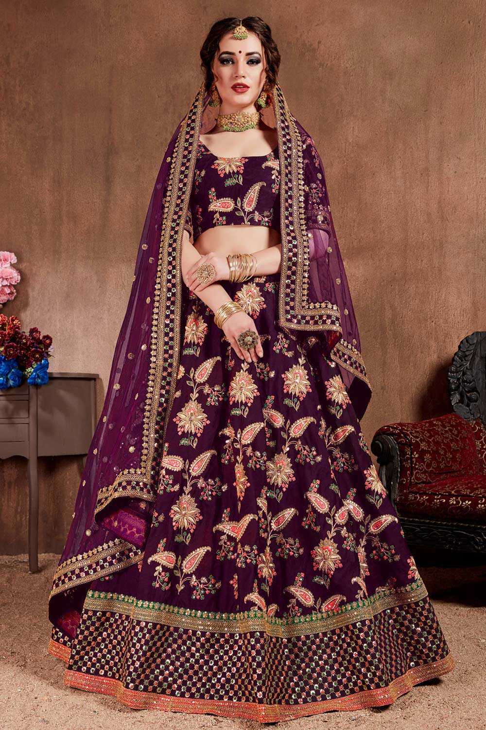 Dark Purple Taffeta Silk Zari Sequins Embroidery Work Lehenga Set