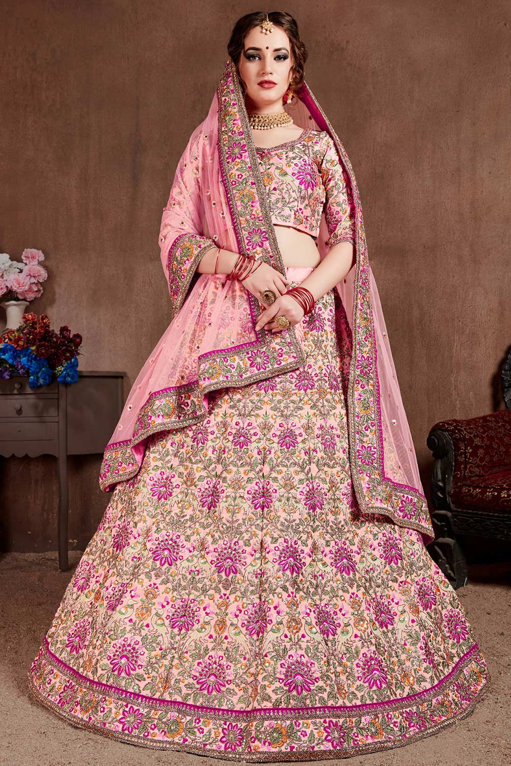 Pastel Pink Taffeta Silk Zari Sequins Embroidery Work Lehenga Set