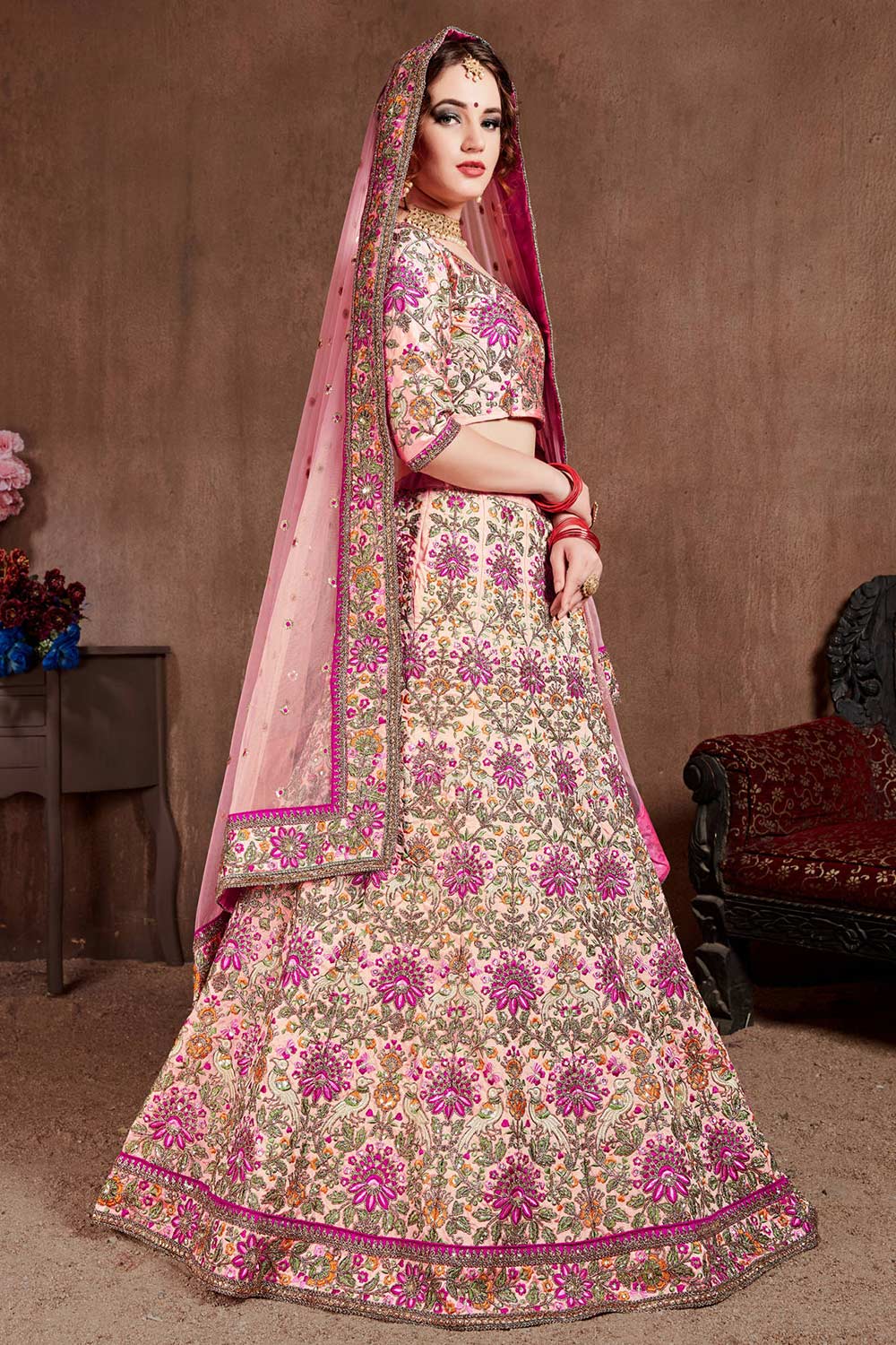 Pastel Pink Taffeta Silk Zari Sequins Embroidery Work Lehenga Set