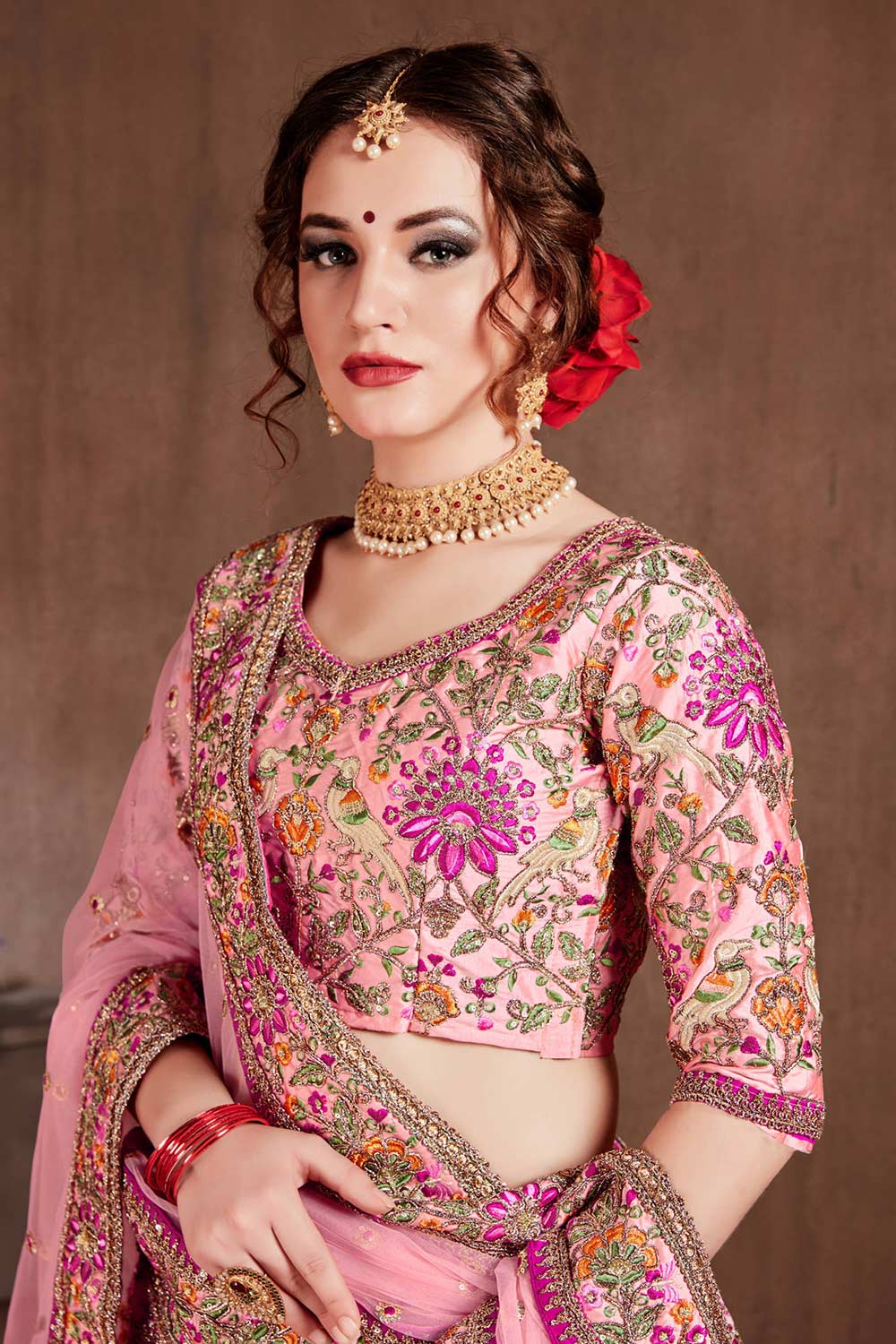 Pastel Pink Taffeta Silk Zari Sequins Embroidery Work Lehenga Set