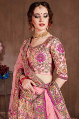 Pastel Pink Taffeta Silk Zari Sequins Embroidery Work Lehenga Set