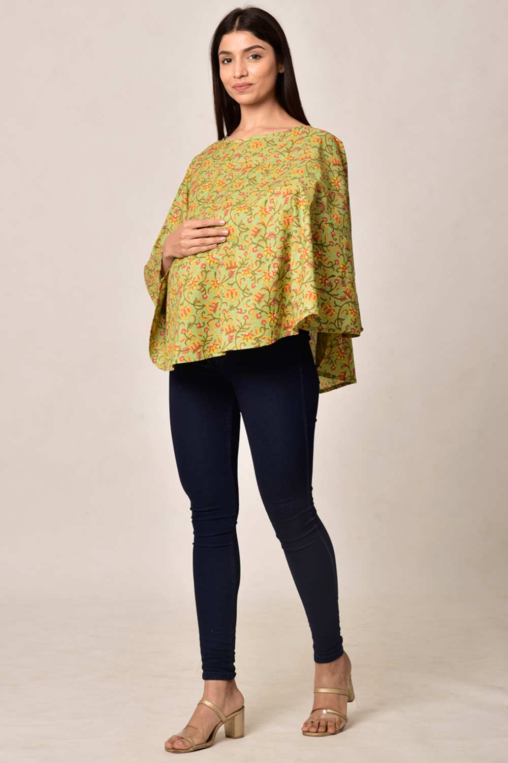 Buy Cotton Floral Print Maternity Dress in Green - Front