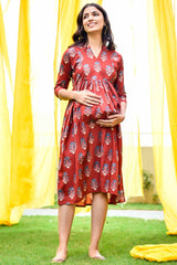 Buy Cotton Block Print Maternity Dress in Red - Front