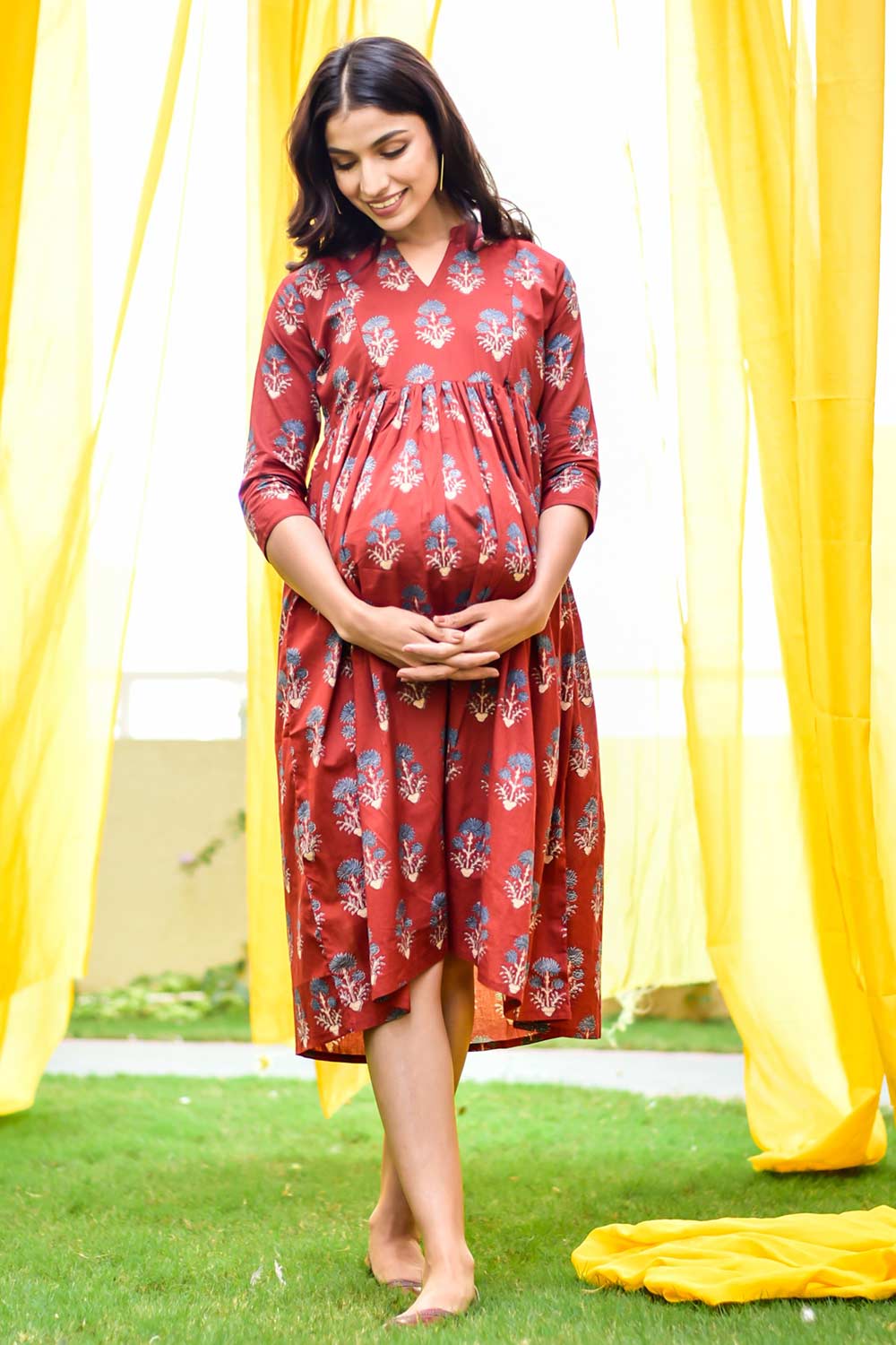 Buy Cotton Block Print Maternity Dress in Red - Back