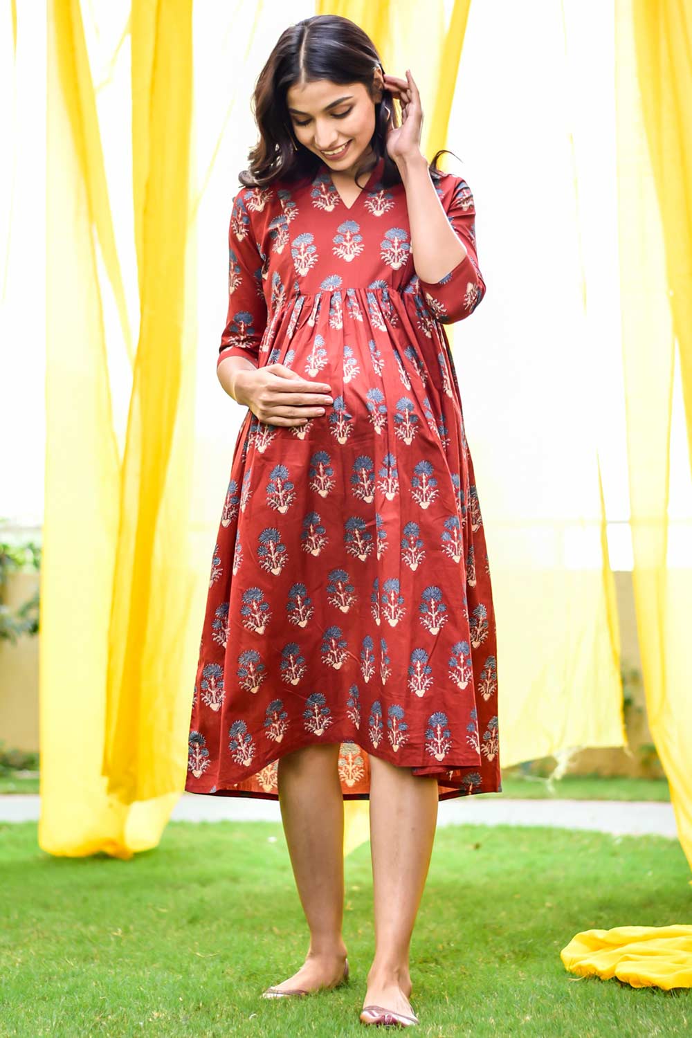 Buy Cotton Block Print Maternity Dress in Red - Side