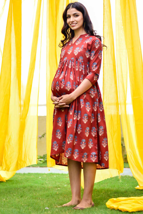 Buy Cotton Block Print Maternity Dress in Red