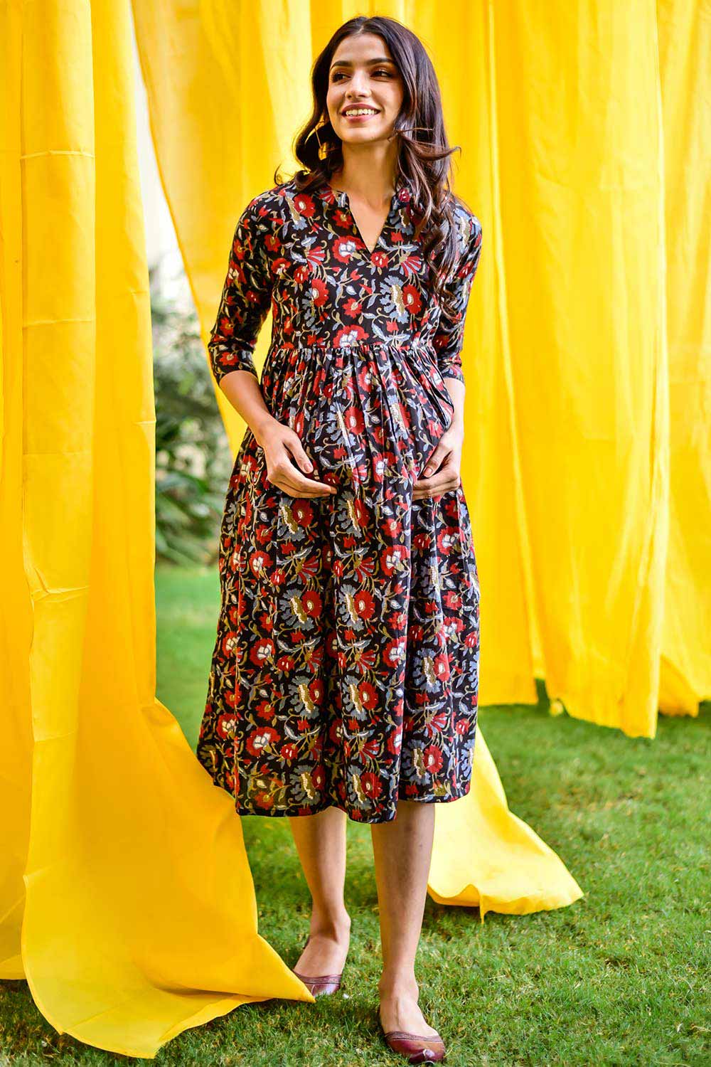 Buy Cotton Floral Print Maternity Dress in Black - Front