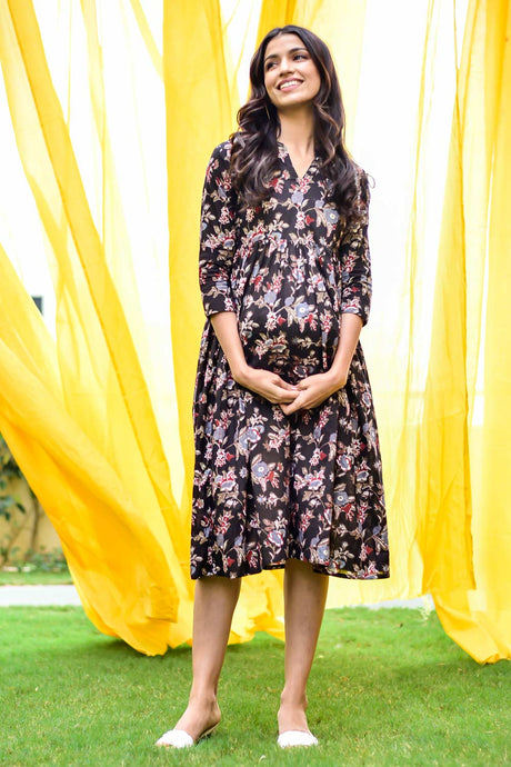 Buy Cotton Floral Print Maternity Dress in Black - Front