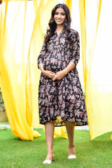 Buy Cotton Floral Print Maternity Dress in Black - Back