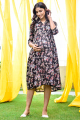 Buy Cotton Floral Print Maternity Dress in Black - Side