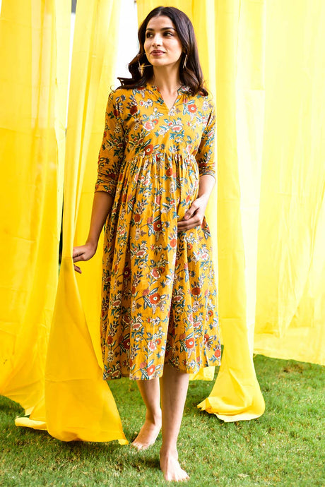 Buy Cotton Floral Print Maternity Dress in MUSTARD - Front