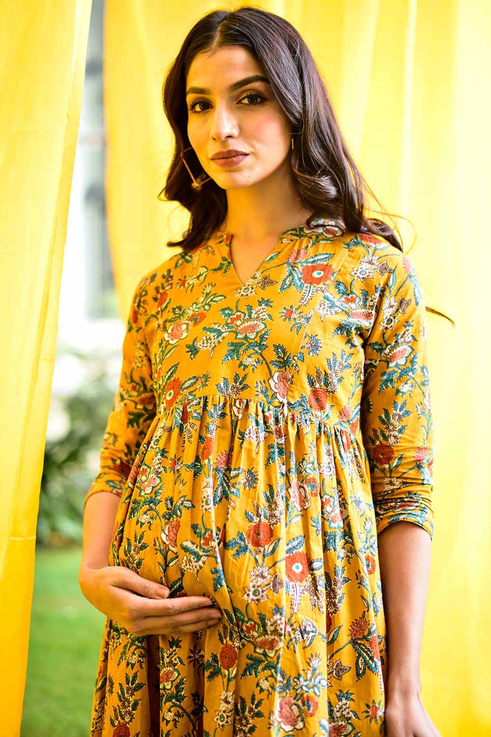 Buy Cotton Floral Print Maternity Dress in MUSTARD - Back