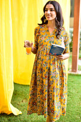 Buy Cotton Floral Print Maternity Dress in MUSTARD - Side