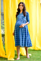 Buy Cotton Floral Print Maternity Dress in BLUE - Front