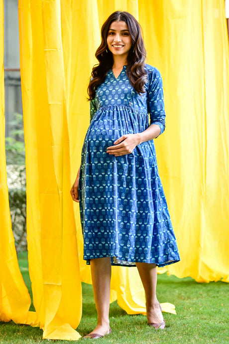 Buy Cotton Floral Print Maternity Dress in BLUE - Front