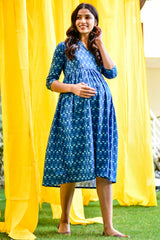 Buy Cotton Floral Print Maternity Dress in BLUE - Side