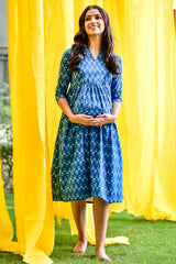 Buy Cotton Floral Print Maternity Dress in BLUE