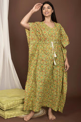 Buy Cotton Floral Print Maternity Dress in Green - Front