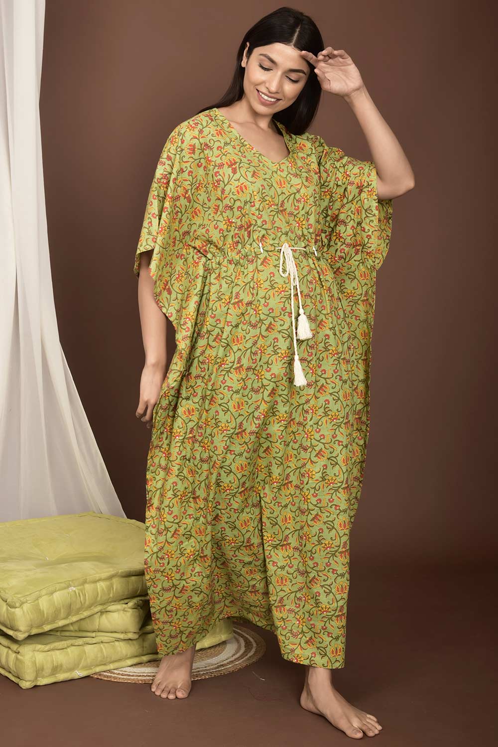 Buy Cotton Floral Print Maternity Dress in Green - Back