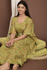 Buy Cotton Floral Print Maternity Dress in Green - Side