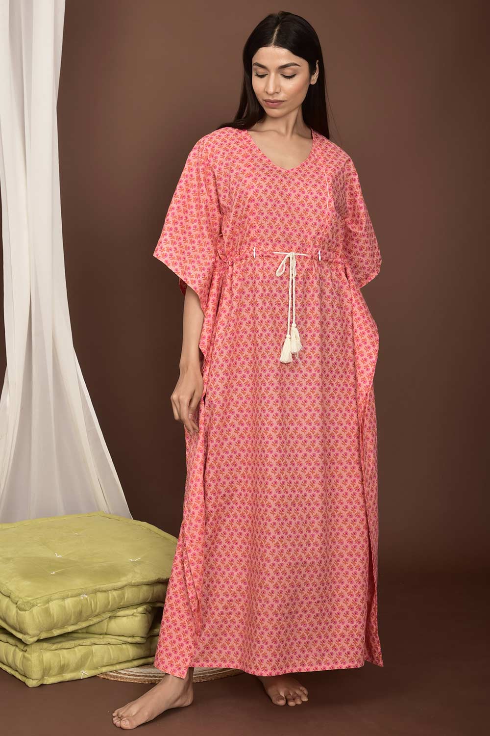 Buy Cotton Floral Print Maternity Dress in Peach - Front