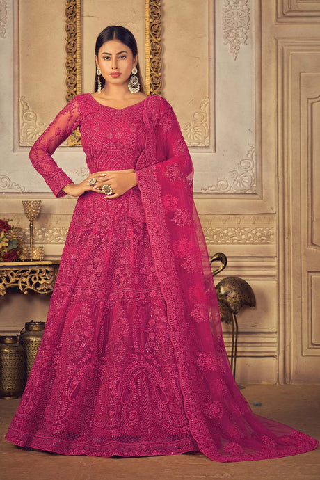 Buy Pink Net Embroidered with Stone Lehenga Set Online