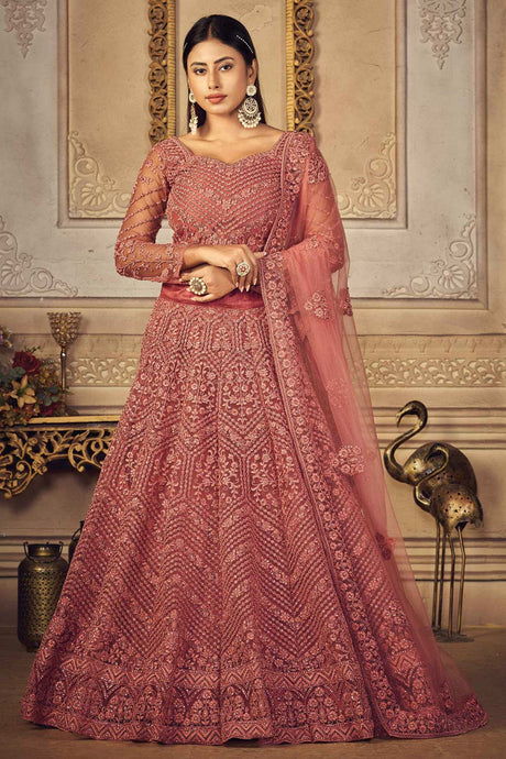 Buy Peach Net Embroidered with Stone Lehenga Set Online