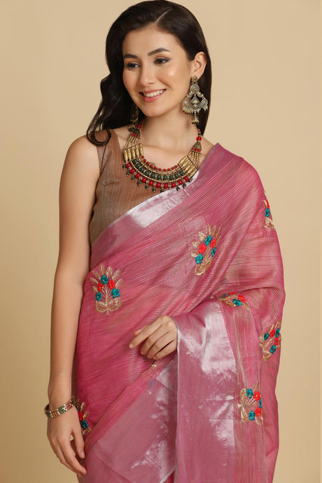 Buy Dark Pink Resham Embroidery Party Wear Sarees Online - Back