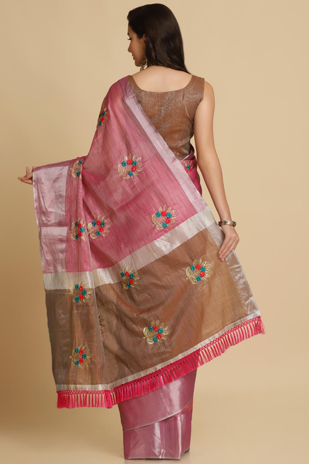 Buy Dark Pink Resham Embroidery Party Wear Sarees Online - Front
