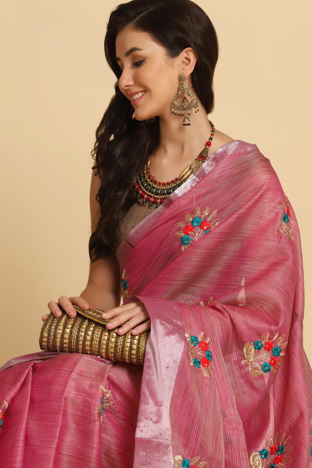 Buy Dark Pink Resham Embroidery Party Wear Sarees Online - Side
