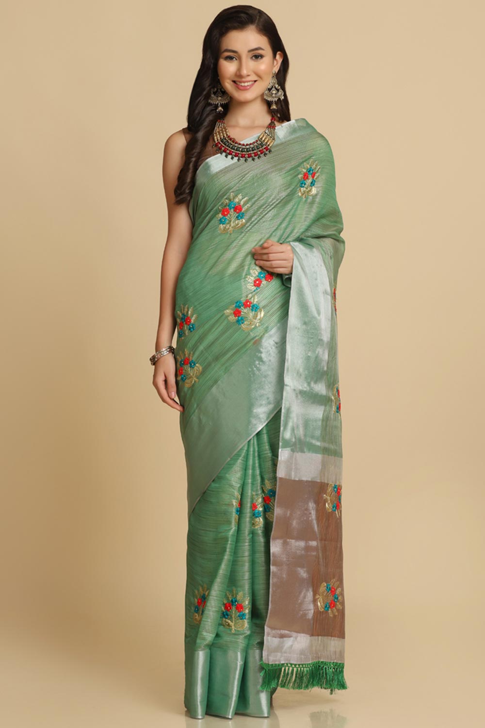 Buy Sea Green Resham Embroidery Party Wear Sarees Online