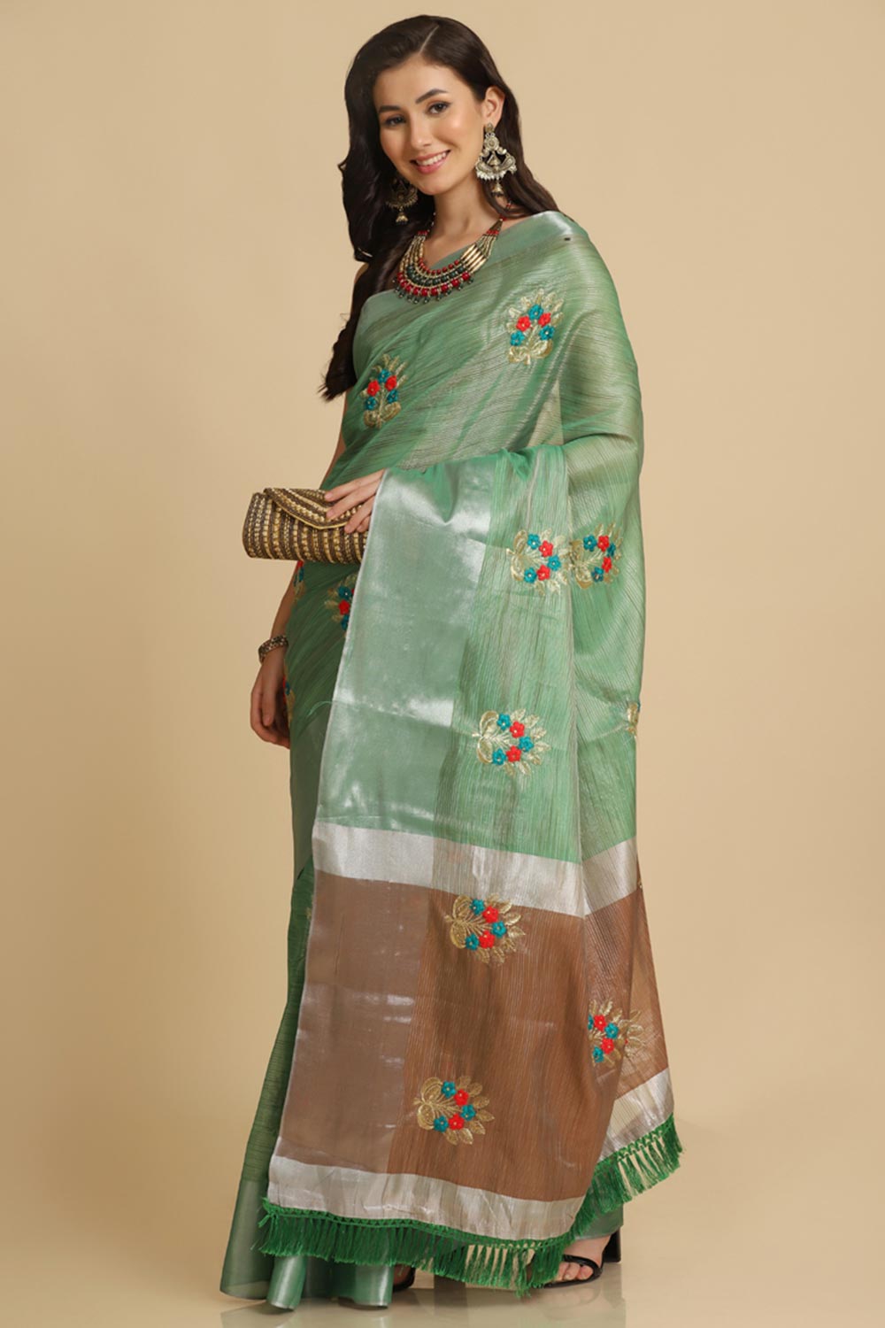 Buy Sea Green Resham Embroidery Party Wear Sarees Online - Front