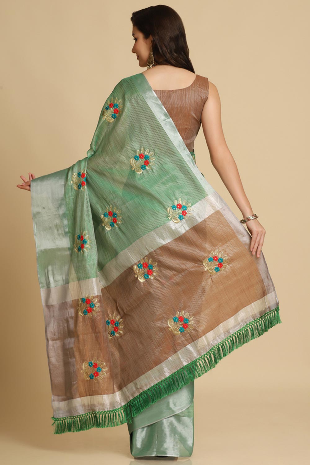 Buy Sea Green Resham Embroidery Party Wear Sarees Online - Side