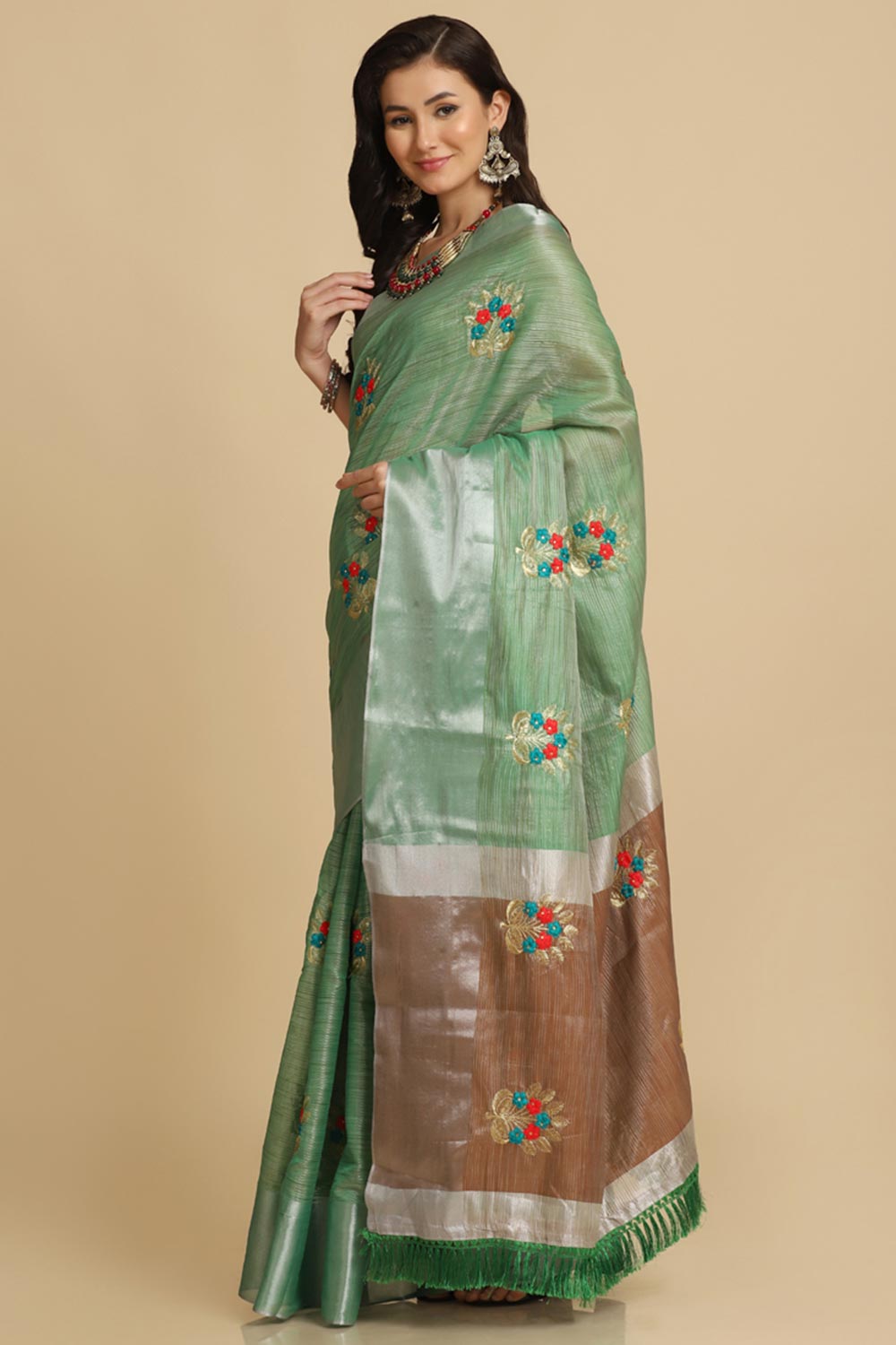 Buy Sea Green Resham Embroidery Party Wear Sarees Online - Zoom In