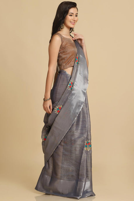 Buy Dark Grey Resham Embroidery Party Wear Sarees Online - Back