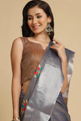 Buy Dark Grey Resham Embroidery Party Wear Sarees Online - Front