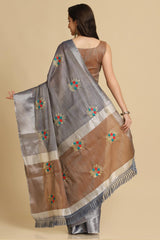 Buy Dark Grey Resham Embroidery Party Wear Sarees Online - Side