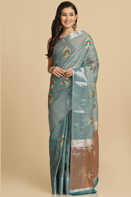 Buy Turquoise Resham Embroidery Party Wear Sarees Online