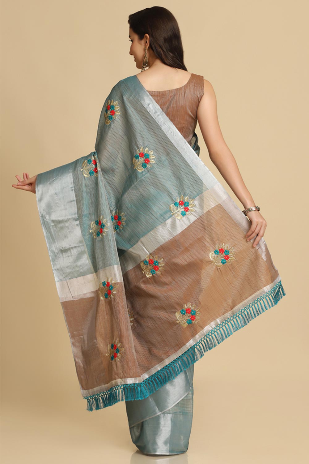 Buy Turquoise Resham Embroidery Party Wear Sarees Online - Front